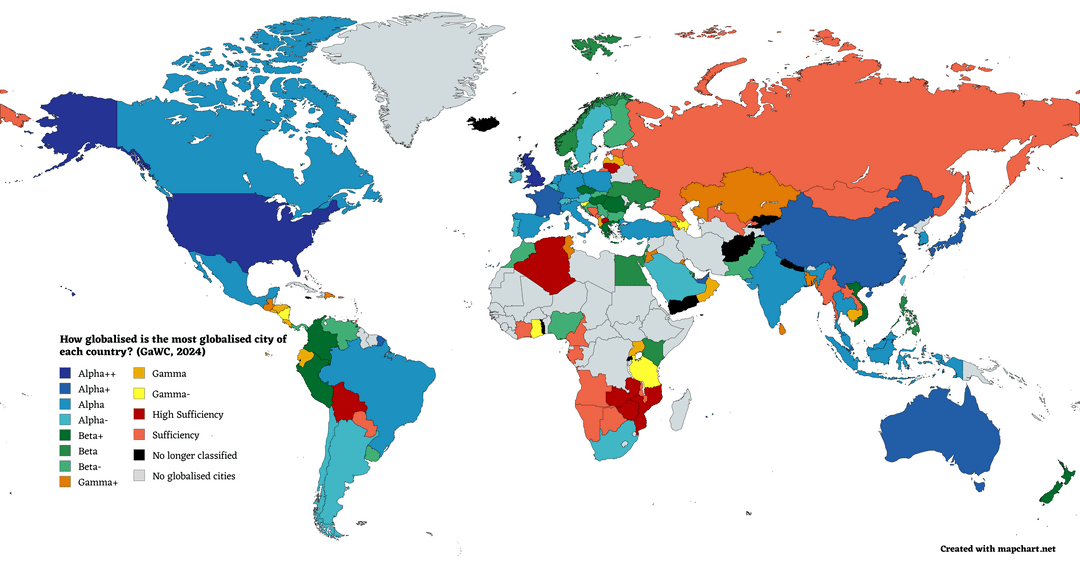 How globalised is the most globalised city of your country? 2024 vs 2022 vs 2020 (source: GaWC)