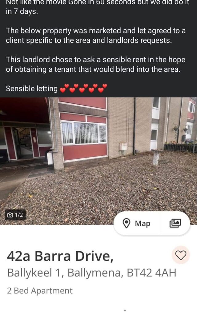 Love Property in Ballymena isn't even trying to hide its racism, or they weren't until their post got removed, luckily I took screenshots.