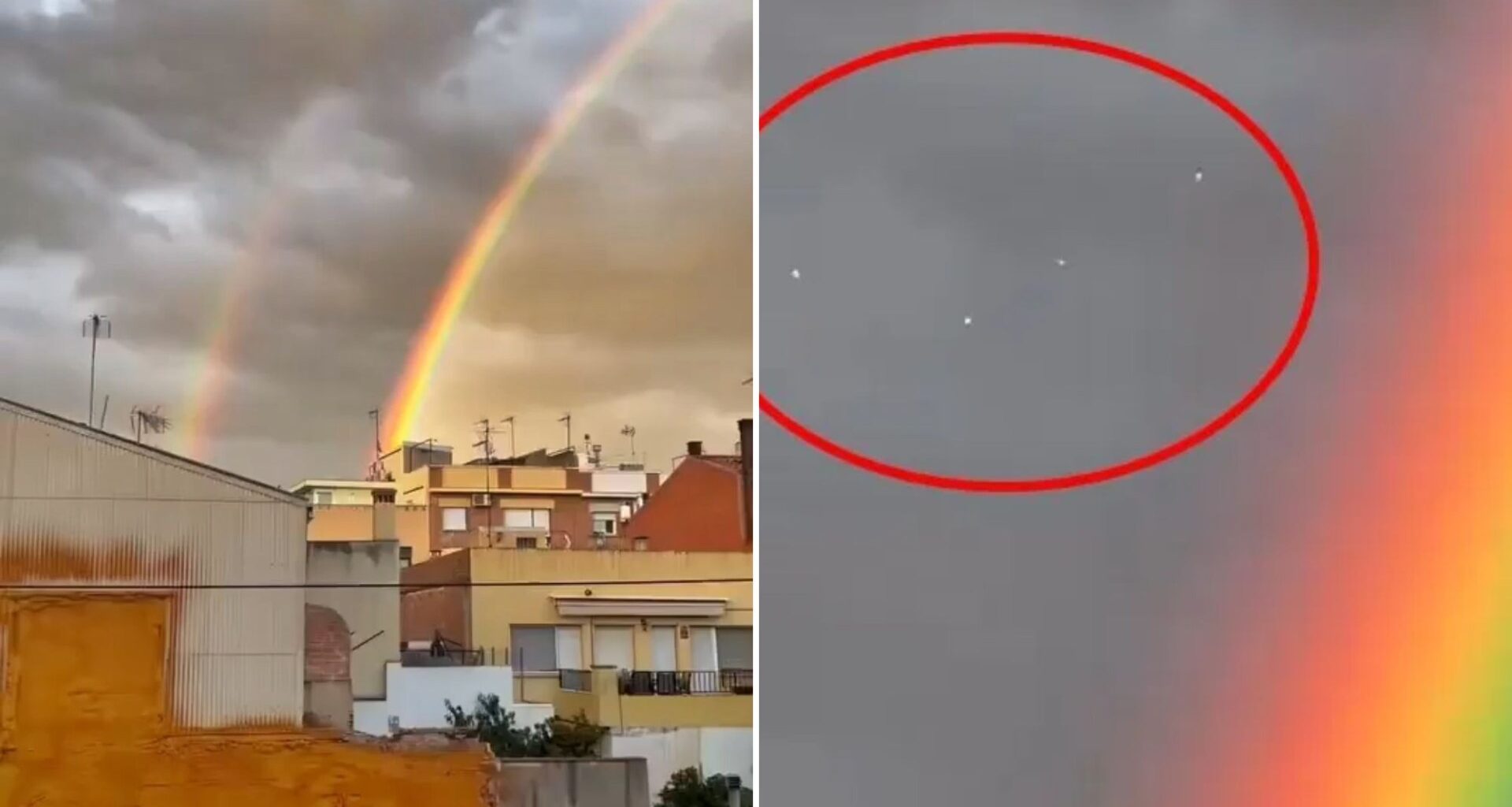 Eerie moment UFOs appear in sky above Spain next to double rainbow - before deadly flash floods hit