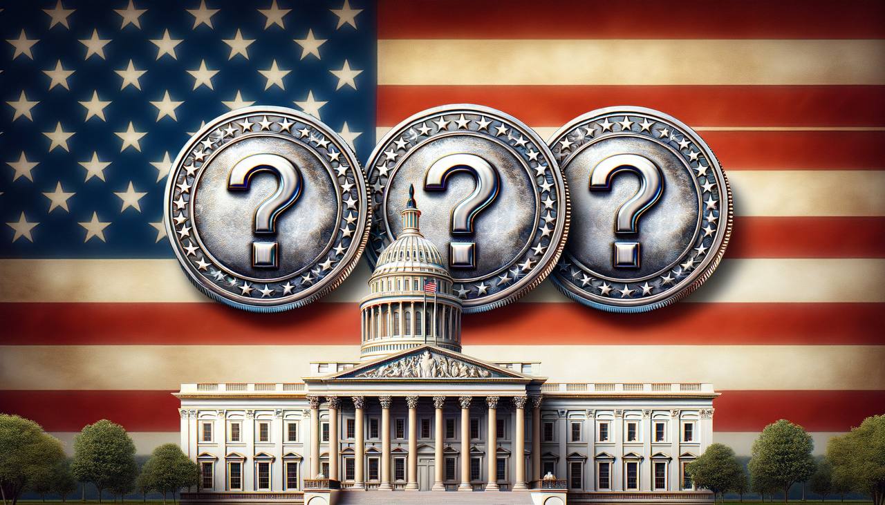 Three coins with a question mark with the white house in the background