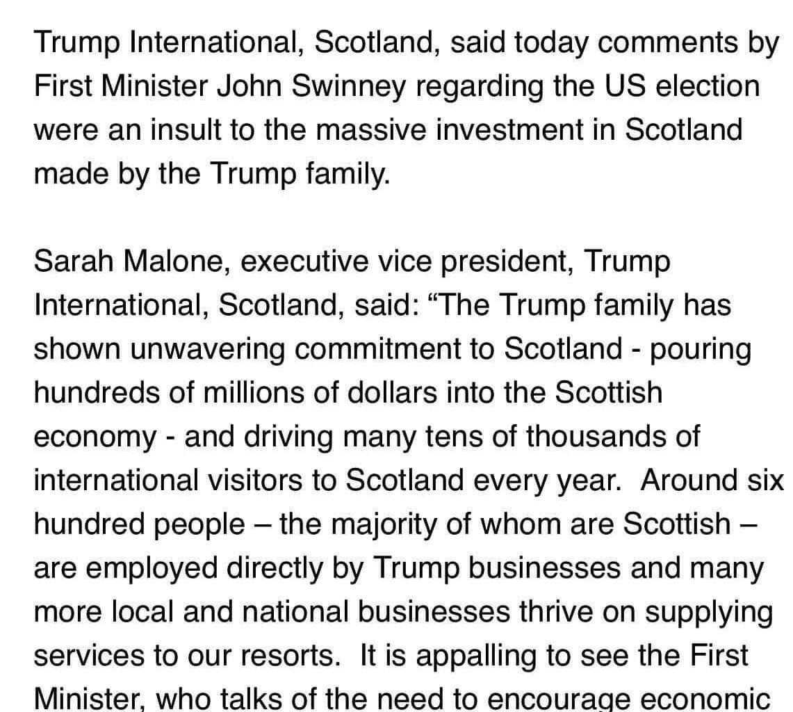 Trump international respond to First Minister John Swinney comments on US election