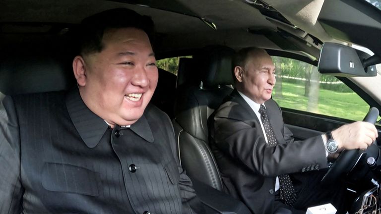 Russia's President Vladimir Putin and North Korea's leader Kim Jong Un together in Pyongyang in June. Pic: Reuters