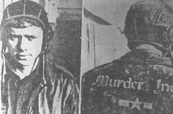 German propaganda photo of an American b-17 bombardier wearing a jacket with the name of his plane "Murder Inc"